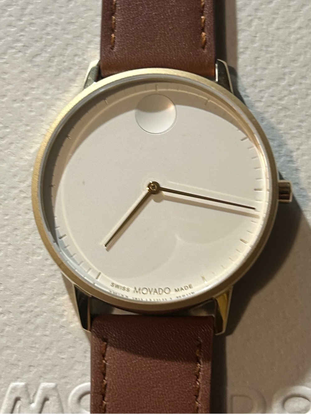 Movado Face Watch With 41mm White Face & Brown Leather Band